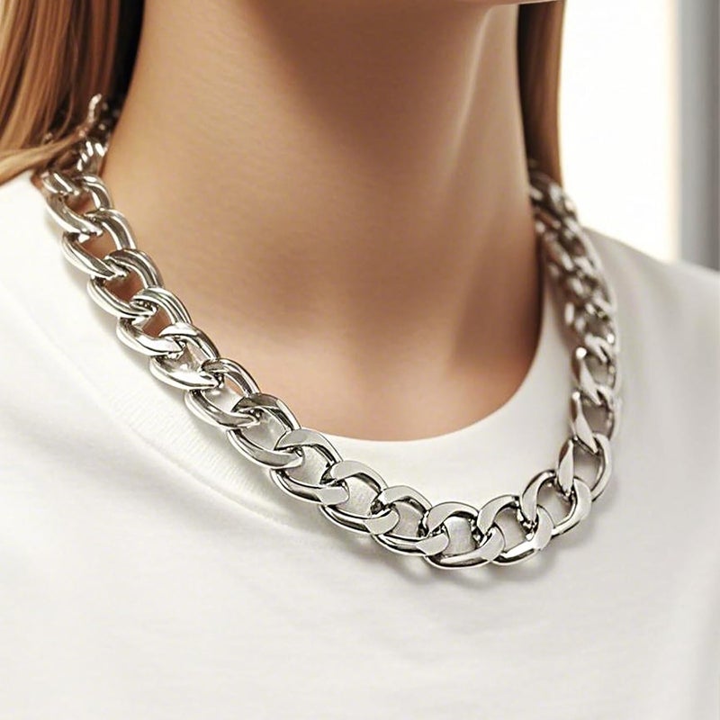 ANGLEQUEEN Chunky Silver Necklaces for Women Silver Layered Pirate Necklaces Punk 8090s Hip Hop Cuban Link Chain Necklace Layered Choker Necklace Pirate Prom Jewelry Freaknik Outfit Accessories - Image 3